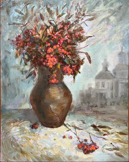 Rowan berries still life original oil painting Ukrainian artwork by Roman Sergienko