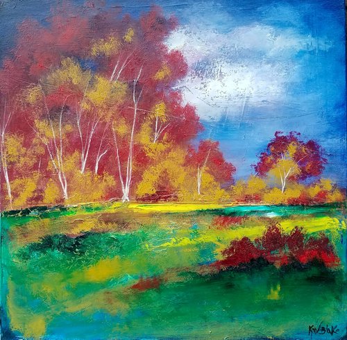 Crimson and Ochre trees 1 by Kevin Blake