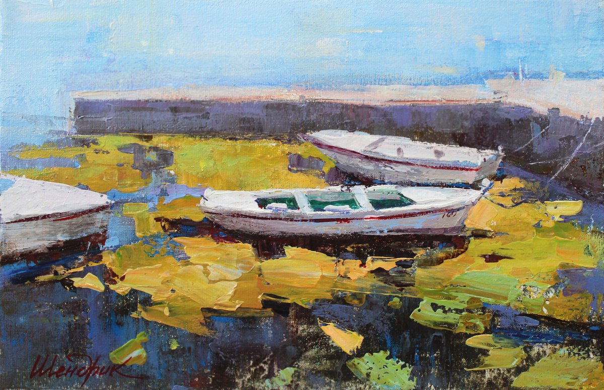 Impressionistic Landscape Acrylic Painting By Tetiana Shendryk, 12 X 8", Montenegrin Boats 2, Original Artwork