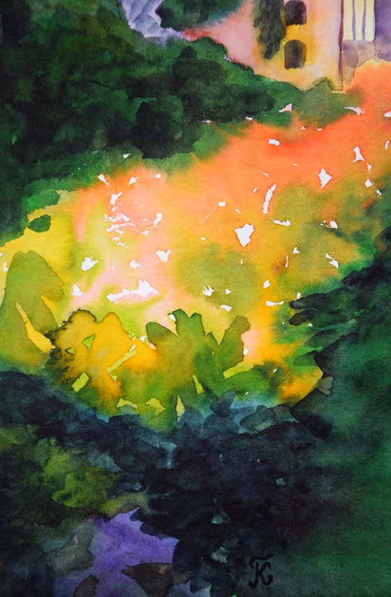 Sunset garden watercolor painting original, evening landscape wall art