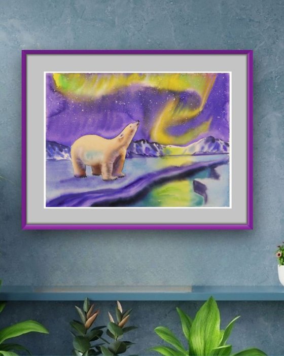 Polar Bear and Northern Lights Watercolor Painting North Pole