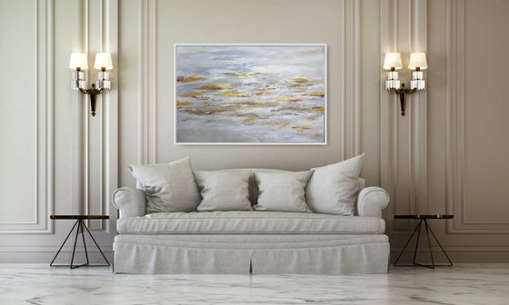 Large Abstract White Gray and Gold Painting (