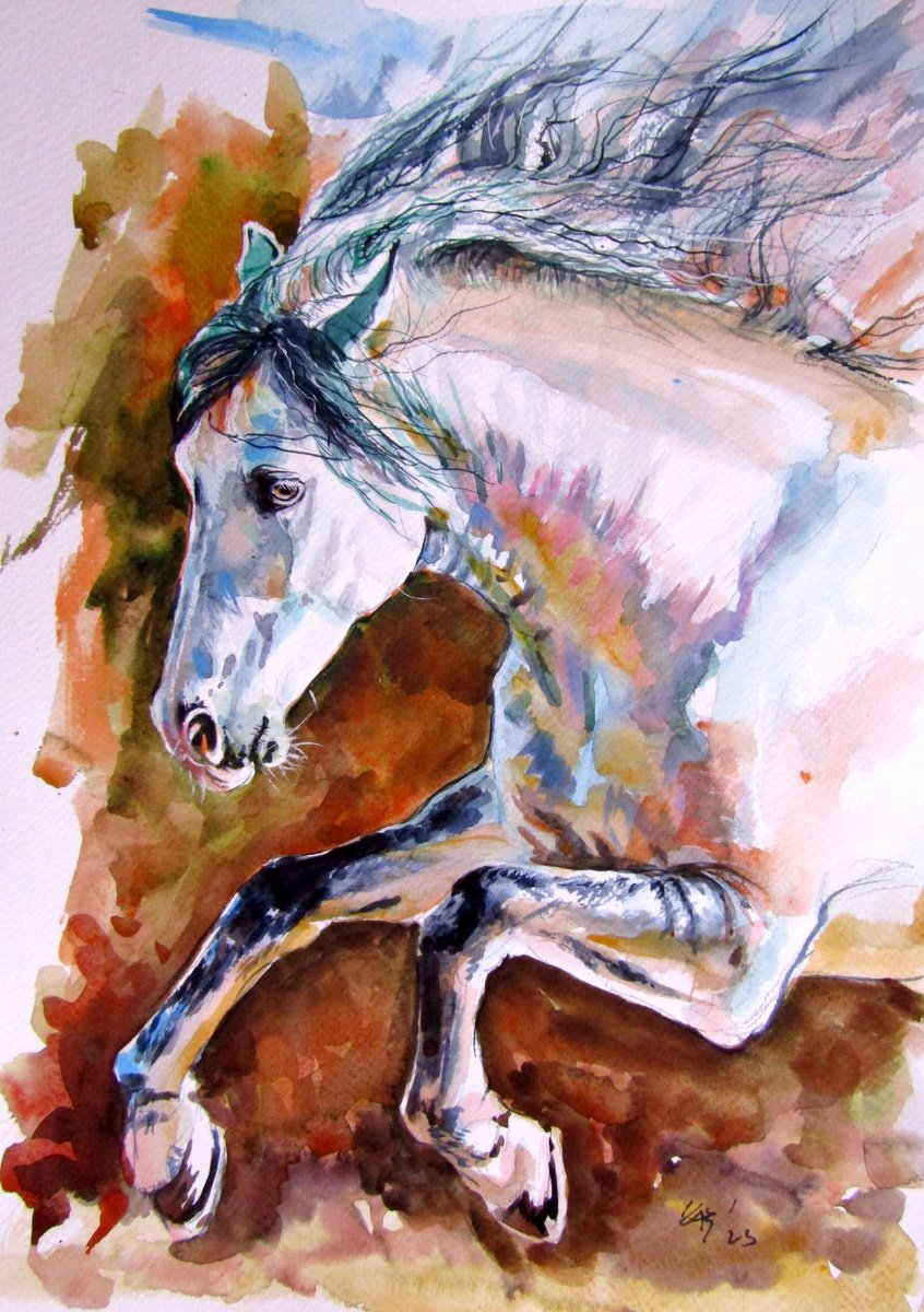Impressionistic Animal Watercolour By Kovacs Anna Brigitta, 10 X 15", Running Horse Ii, Original Artwork
