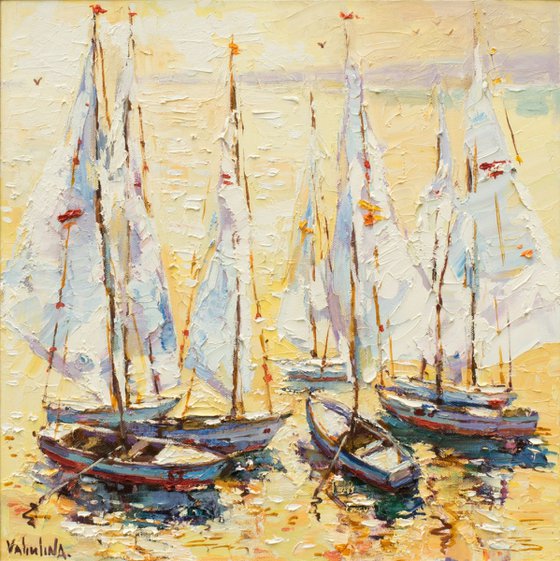 Boats at sunset painting Seascape art original oil painting