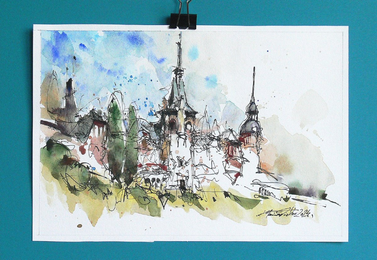 Impressionistic Cityscapes Watercolour By Marin Victor, 11 X 7", Peles Castle, Watercolor., Original Artwork