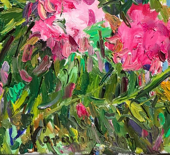 PEONIES - Floral art, landscape, original painting, oil on canvas, flowers in the garden, nature,  peony, pink flowers, bloom, interior art home decor, gift