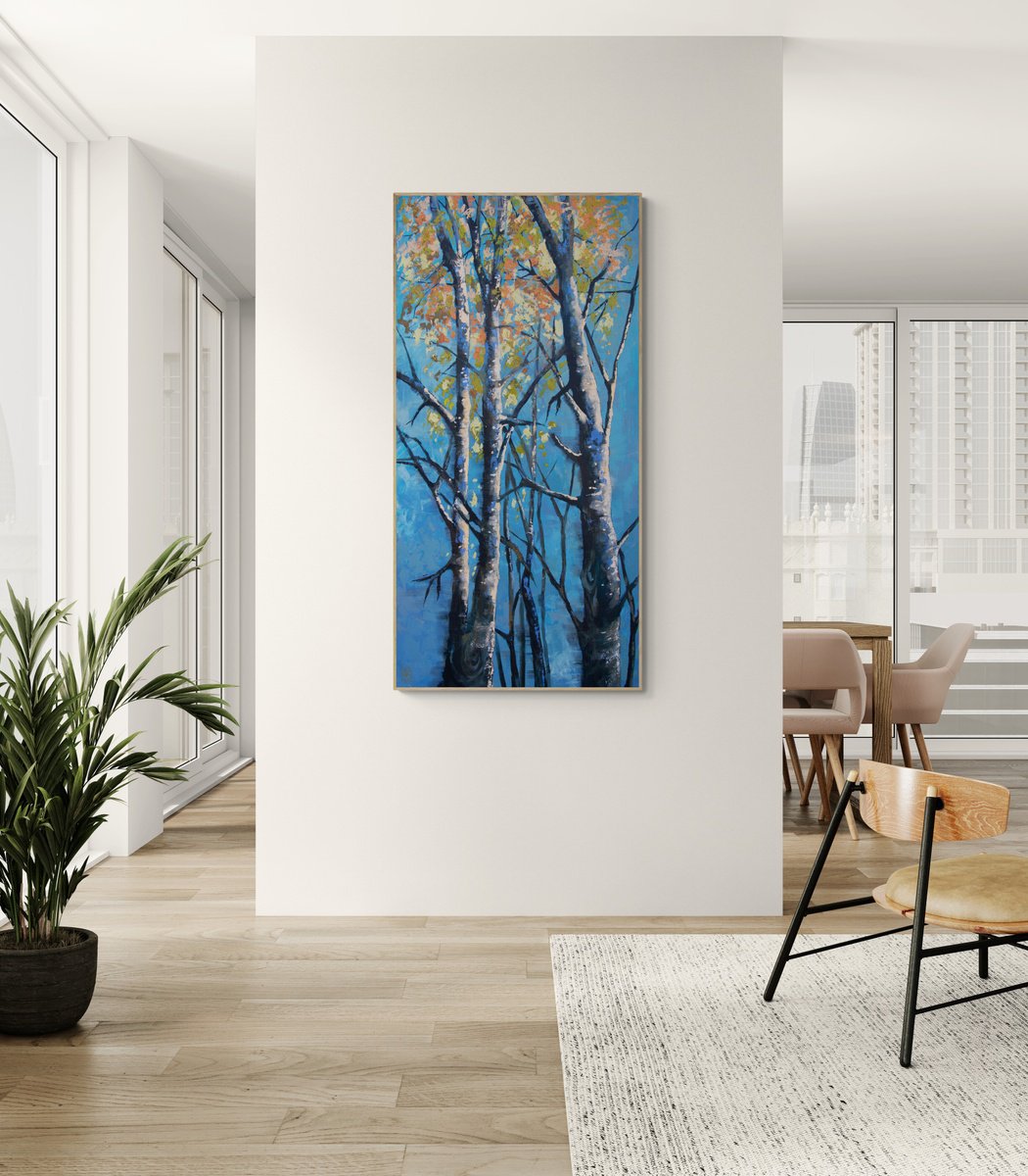 Impressionistic Landscape Acrylic Painting By Maria Kireev, 31 X 55", Skywardsilence, Original Artwork