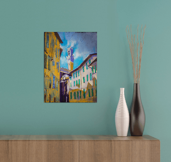 Siena. View of the tower from the street corner. Medium oil pastel drawing bright colors Italy