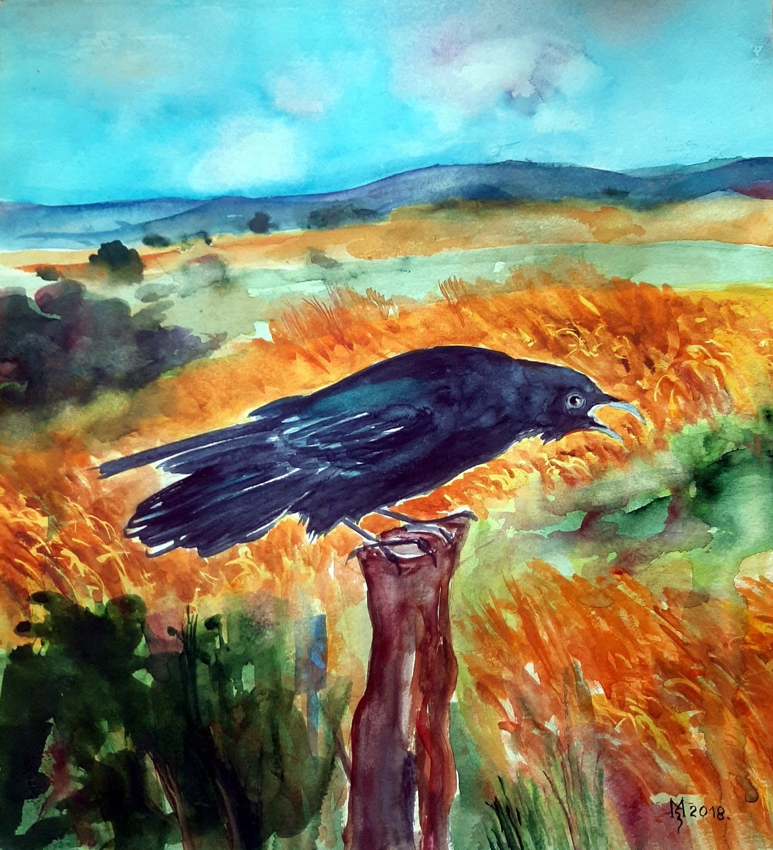 Impressionistic Landscape Watercolour By Zoran Mihajlovic Muza, 12 X 13", In The Field, Original Artwork