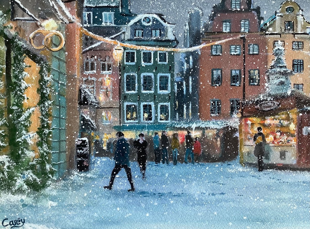 Impressionistic Cityscapes Watercolour By Darren Carey, 15 X 11, Christmas Markets, Sweden, Original Artwork