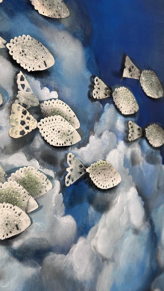 Surreal Ocean Painting with Vintage Lace Fish