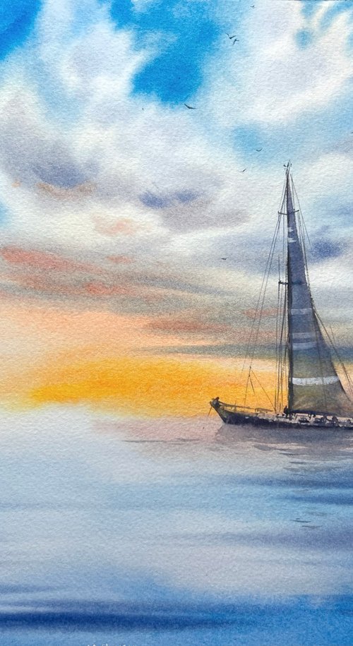 Yacht in the sea at sunset #3 by Eugenia Gorbacheva
