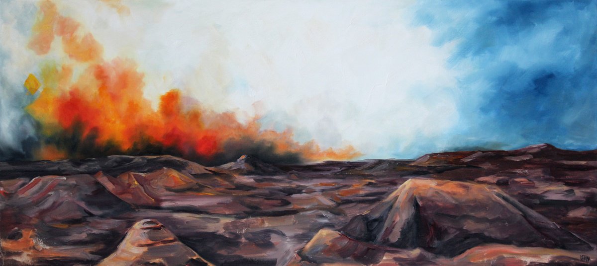 Impressionistic Landscape Oil Painting By Katrina Case, 40 X 18", Embers Of Creation, Original Artwork