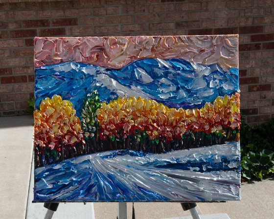 Winter Scene with Snow capped Peaks and Yellow Aspen Trees in Colorado 20" x 16" x 1.5"