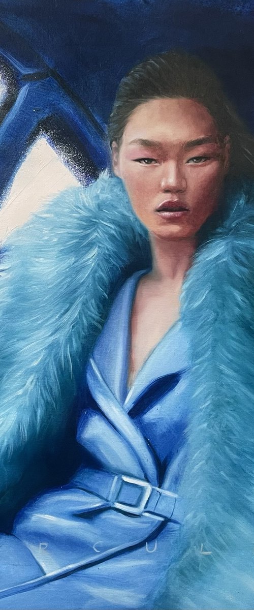 Cool kid, oil painting of pretty asian in blue fur coat and car by Renske Karlien Hercules