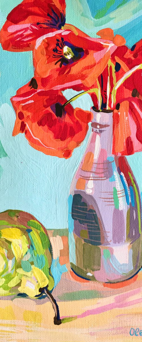 Red poppies in vase and pear by Ole Karako