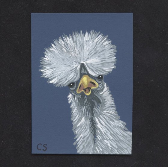 ACEO ATC Original Miniature Painting Fancy White Chicken Farmyard Art-Carla Smale