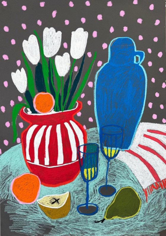 Tulips, Fruit and a Blue Visitor