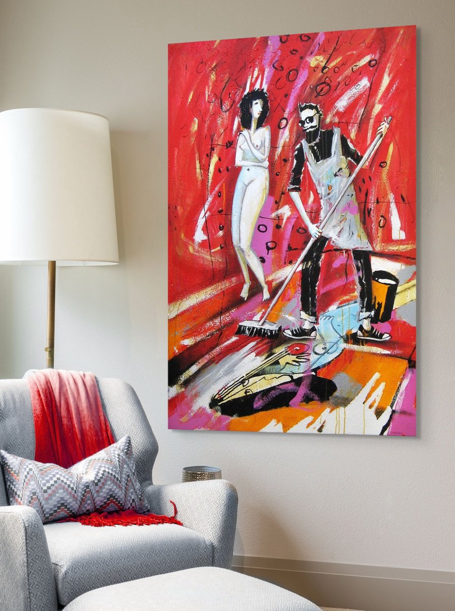 Expressive Portrait Oil Painting By Evgen Semenyuk, 37 X 55, Painter And Model On Red, Original Artwork