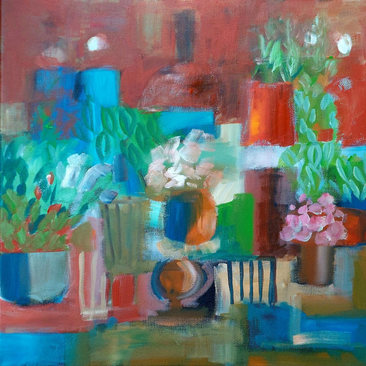 Abstract Still Life Acrylic Painting By Jan Rippingham, 20 X 20, Abstract Interior Vii, Original Artwork