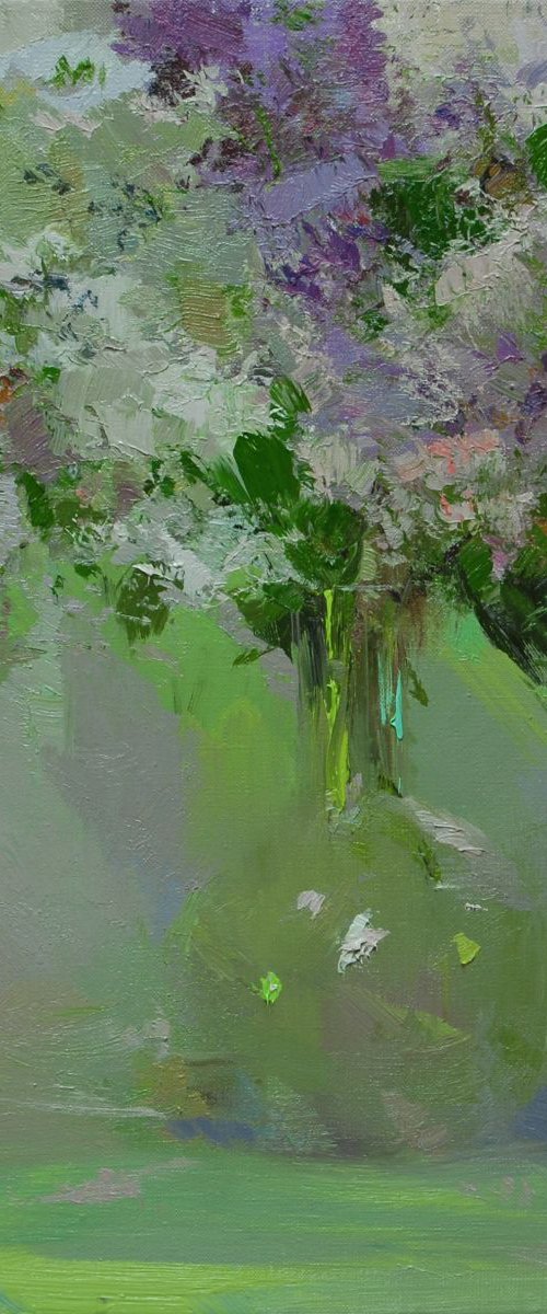 Original oil painting - Lilacs flowers green canvas painting - Transparent Bloom by Yuri Pysar