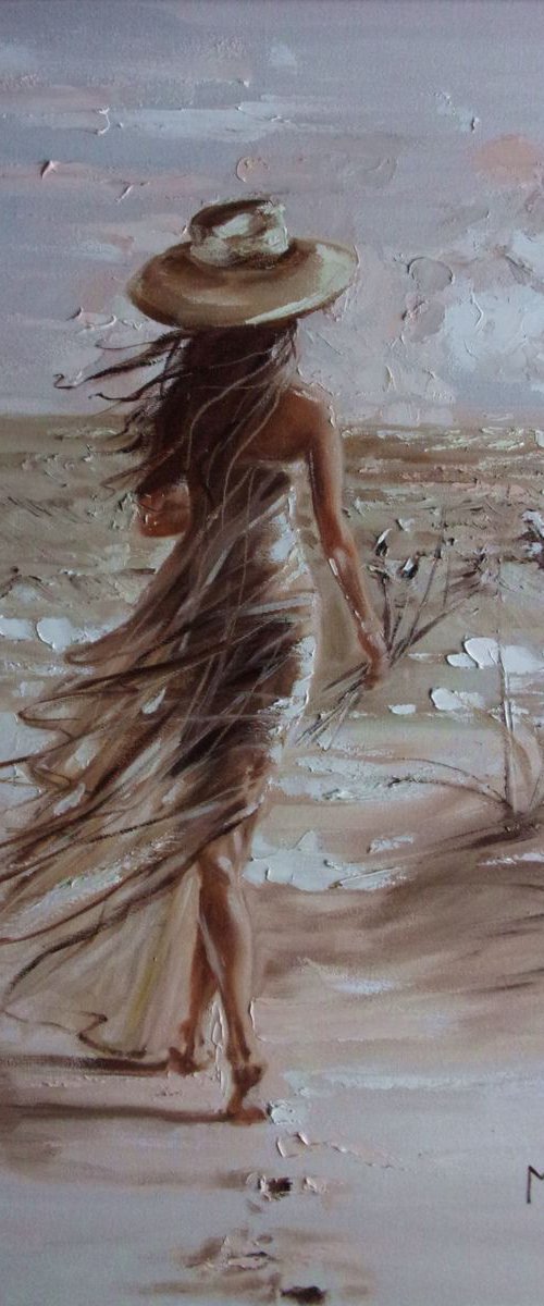 " SUN BY THE SEA ... "- SKY SEA SAND liGHt  ORIGINAL OIL PAINTING, GIFT, PALETTE KNIFE by Monika Luniak