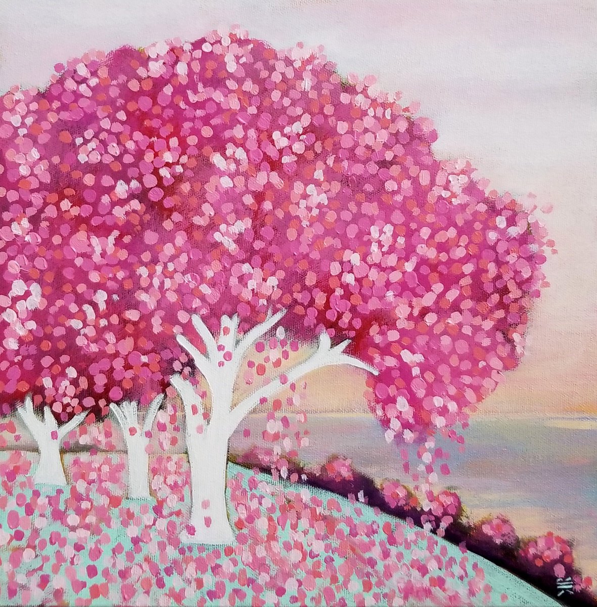 Impressionistic Landscape Acrylic Painting By Karen Rieger, 12 X 12", Pink Blossoms