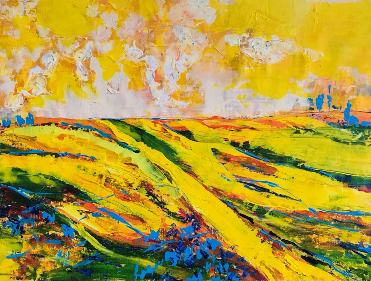 Abstract Landscape Acrylic Painting By Tetiana Pchelnykova, 31 X 24", Yellow Meadows, Silence Series, Original Artwork