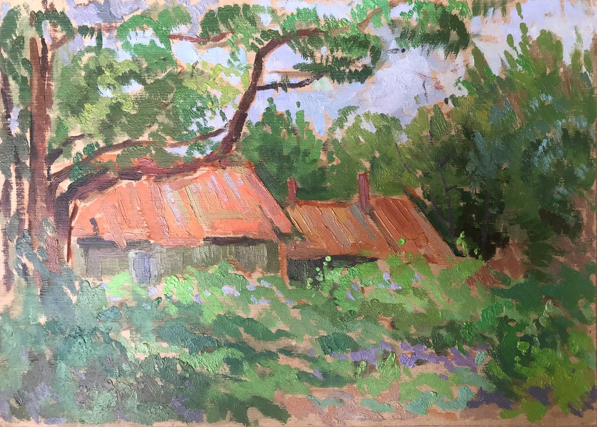 Impressionistic Landscape Oil Painting By Peter Tovpev, 14 X 10", Visit To Grandma, Original Artwork