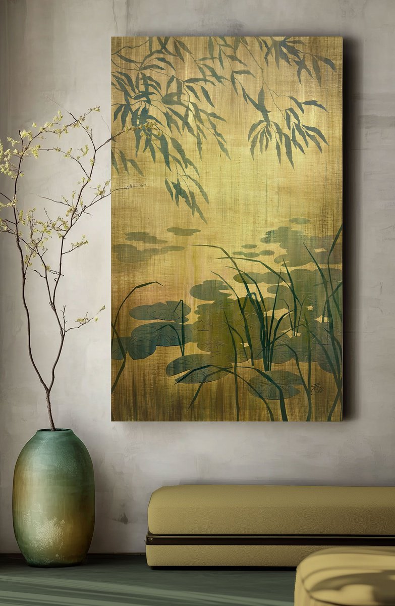 Illustrative Acrylic Painting , Quiet Pond By Ekaterina Prisich, 35 X 59, Artwork For Sale On Artfinder