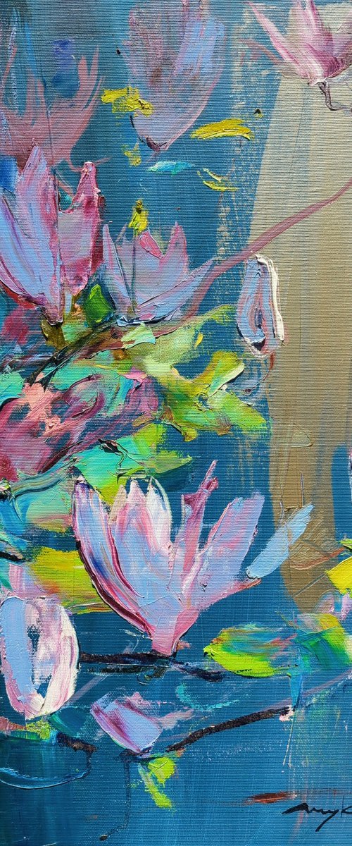 Magnolia on blue and silver . Blooming branch . Original oil painting by Helen Shukina