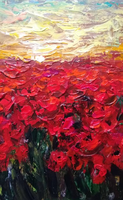 Sunset On Poppy Field. Original Impasto Acryl Painting With Palette Knife. by HELINDA (Olga Müller)