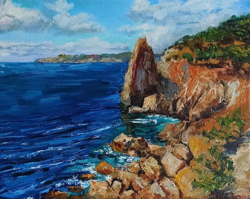Coastal beach oil painting blue ocean landscape wall decor 10x12" by Leyla Demir