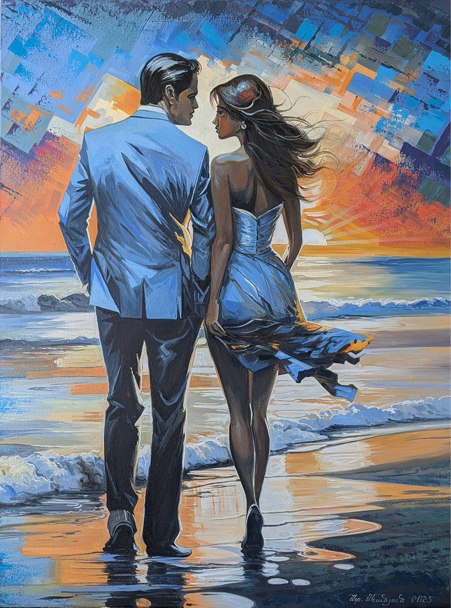 Impressionistic Portrait Oil Painting By Stepan Ohanyan, 24 X 31", Seaside Stroll, Original Artwork