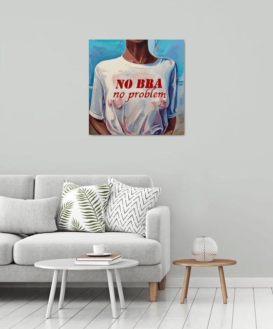 NO BRA NO PROBLEM - oil painting on canvas original gift for him naked woman seaside wet t-shirt nipples pop art bachelor interior