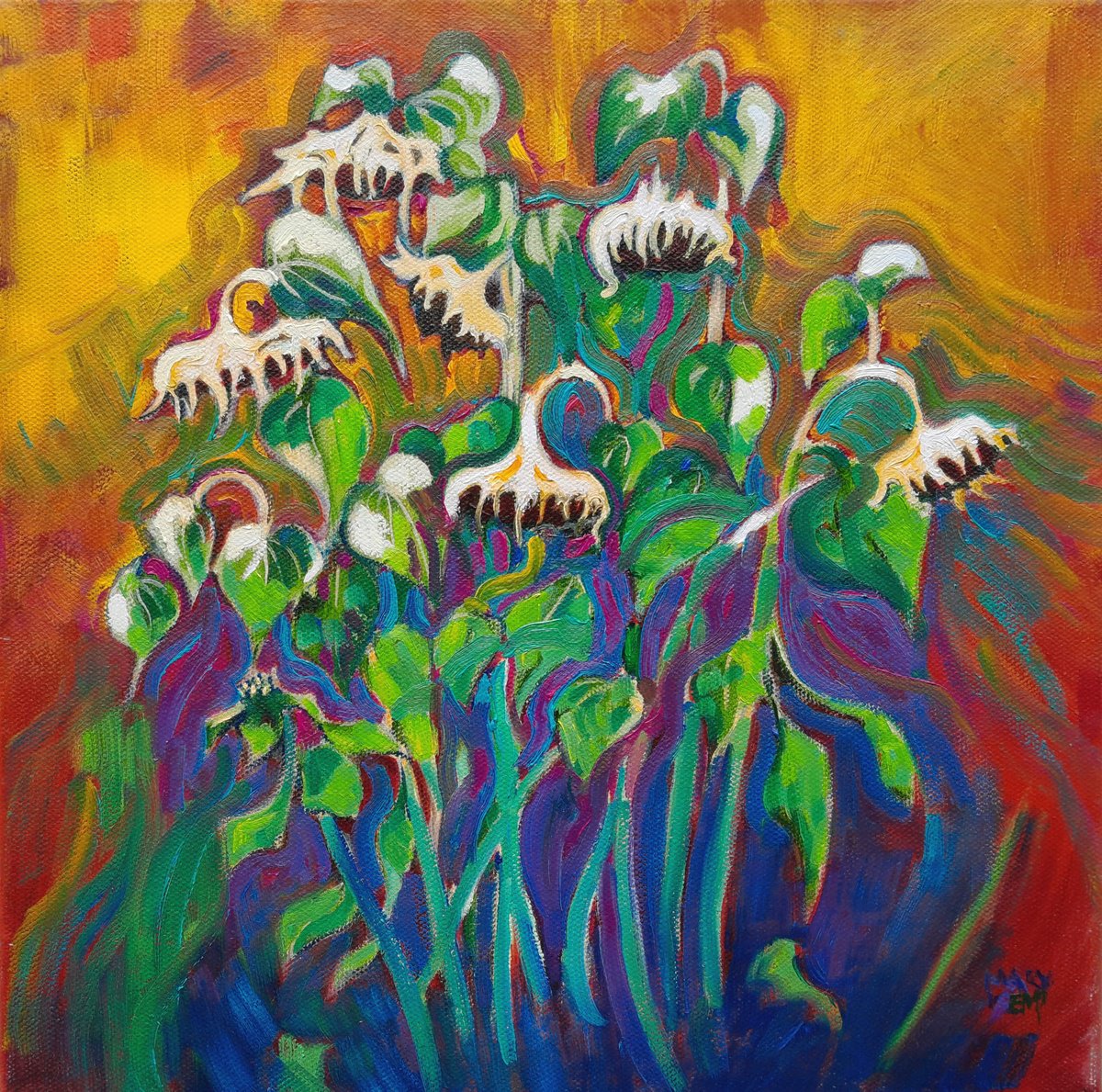 Impressionistic Botanical Oil Painting By Mary Kemp, 12 X 12", Sunflower Sunrise, Original Artwork