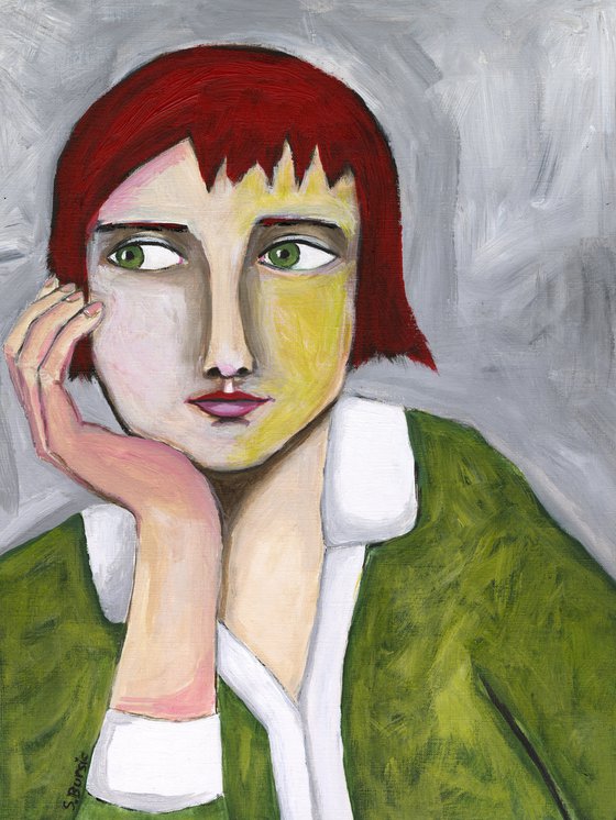 Vintage Woman thinking - green