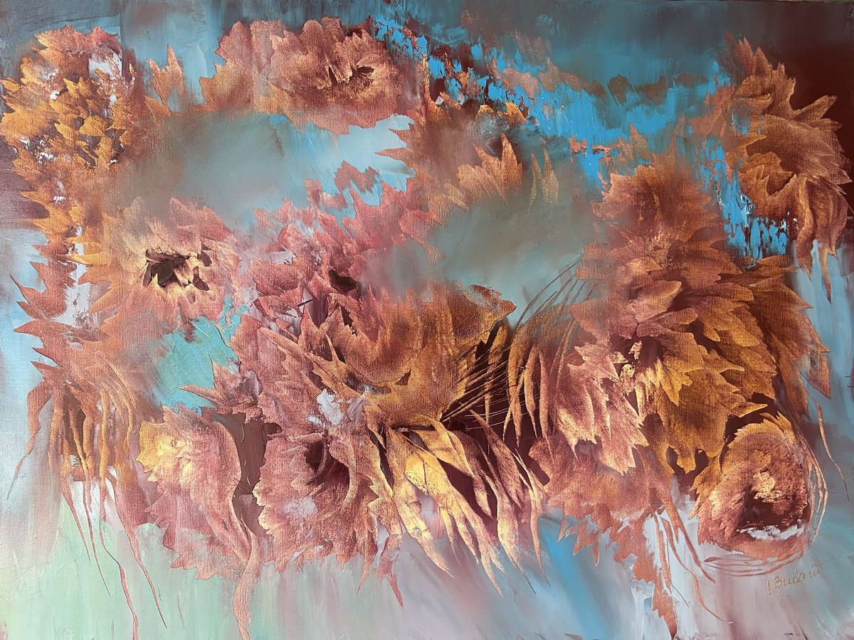 Expressive Botanical Oil Painting By Ludmila Budanov, 39 X 31", Feeling Good, Original Artwork