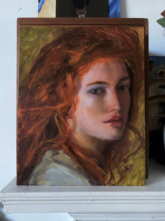 Redhead female portrait oil painting, Romantic Impressionist style.