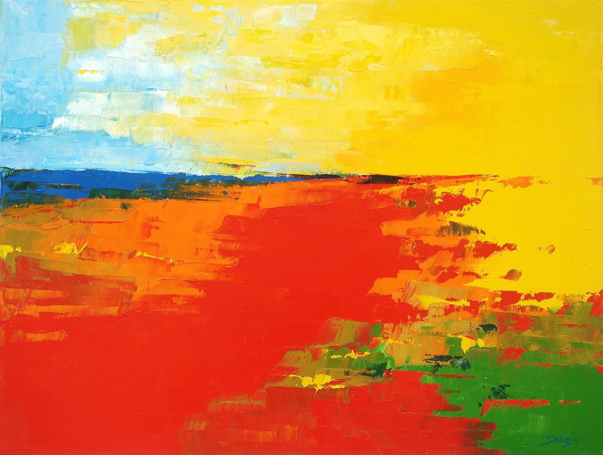 Abstract Landscape Oil Painting By Saroja Van Der Stegen, 17 X 13", Red Beach (Ref#:1168-6F), Original Artwork