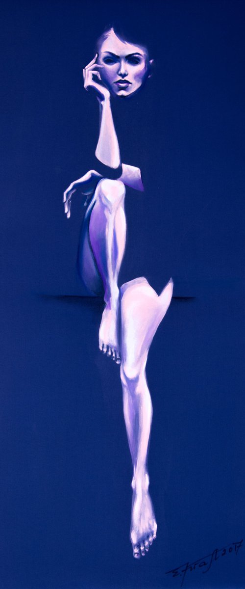 "I'm waiting '",Original acrylic painting on hand stratched fabric 50x105x2cm from serie " Blue dimension" by Elena Kraft
