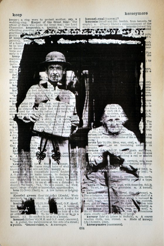 Old Couple - Collage Art Photography on Real English Dictionary Vintage Book Page