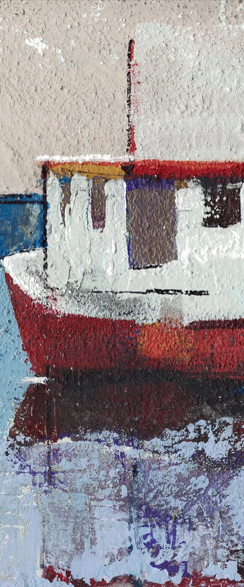 Red Boat 12x12" Acrylic, Oil and Gesso on Wood Panel by Bo Kravchenko by Bo Kravchenko