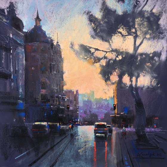 Ukrainian art Evening street in Kyiv, Ukraine. Soft pastel drawing 19.6x19.6 inch (50x50 cm)