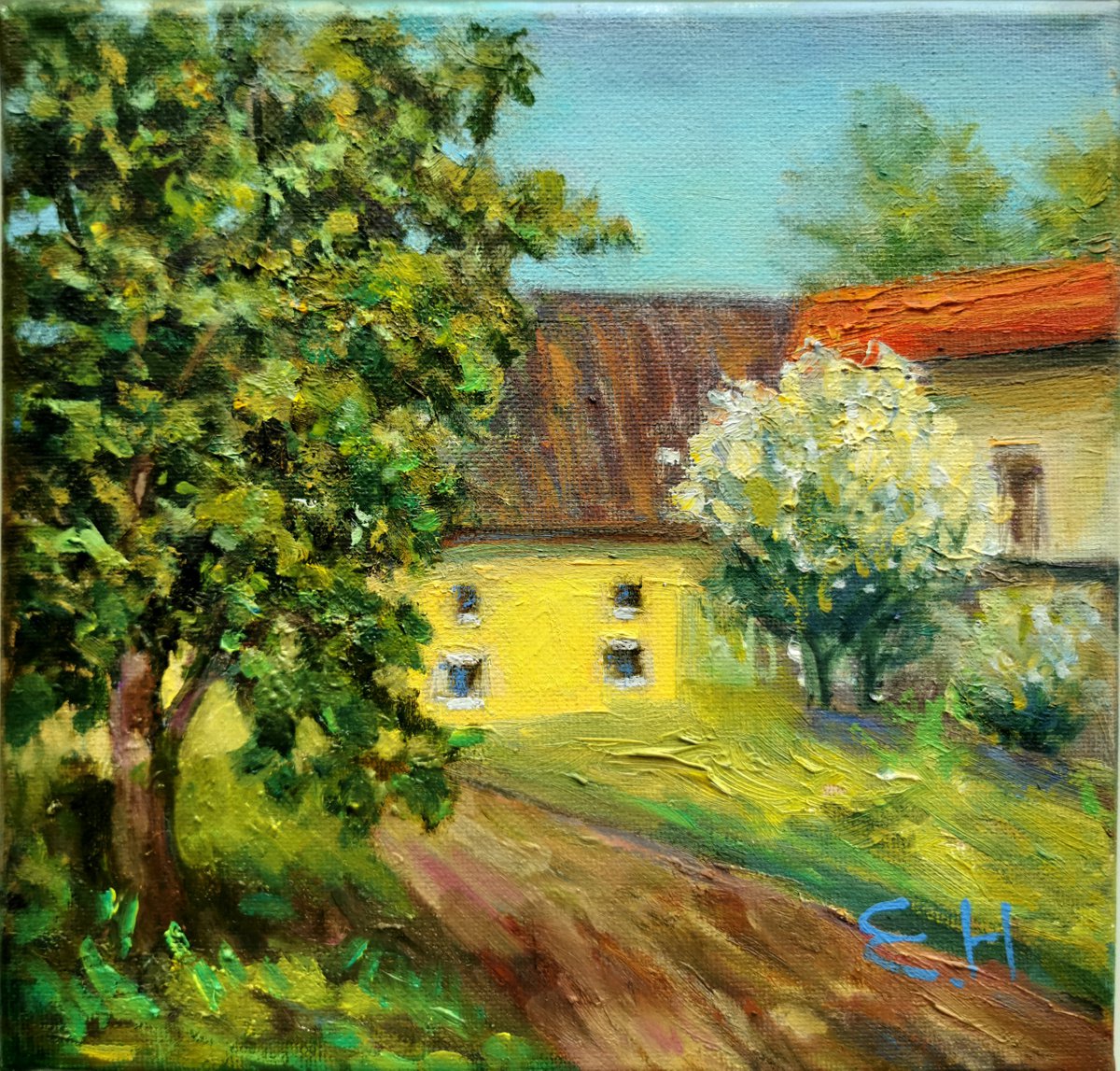 The Backyard painting, original oil painting by Elvira Hilkevich