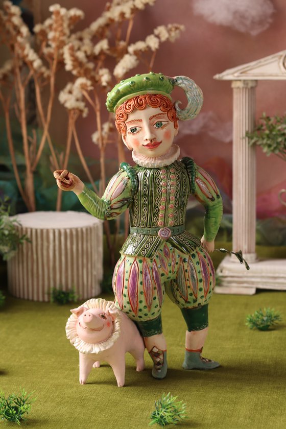 Boy with a pig hiding his rod behind.