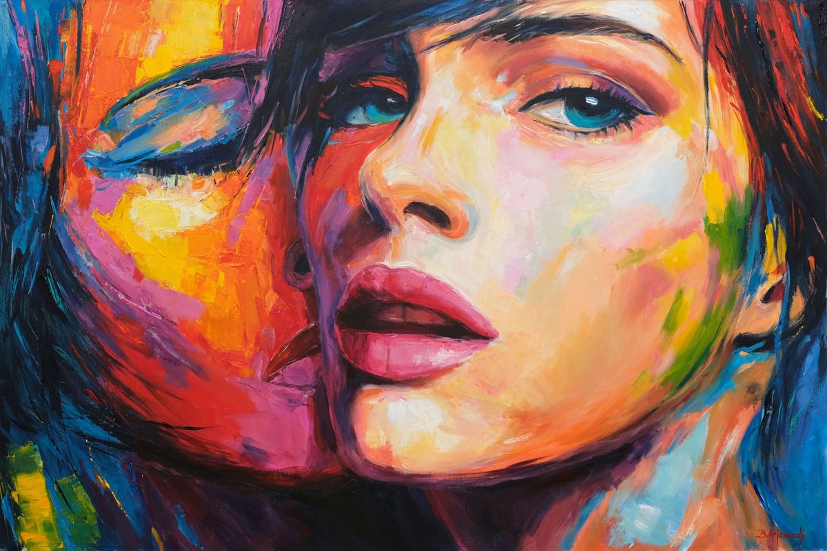 Expressive Portrait Acrylic Painting By Behshad Arjomandi, 47 X 31, In Love, Original Artwork