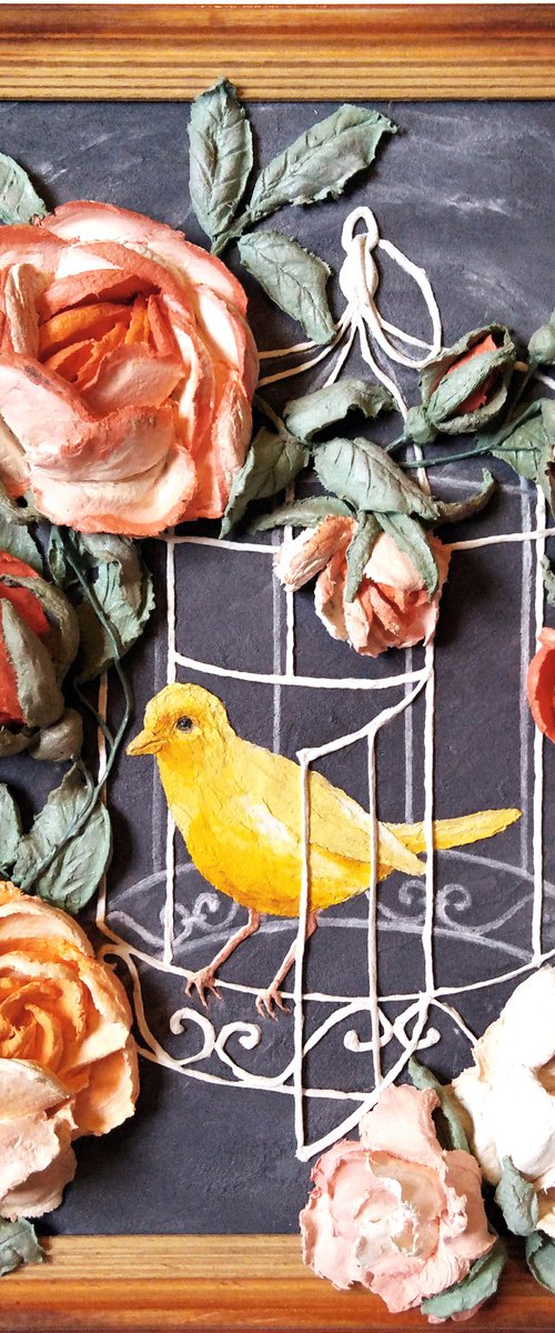 Canary bird in an open cage, wrapped in roses - on the threshold of freedom, 26x34x5 cm by Irina Stepanova
