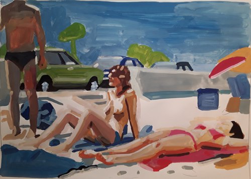 Beach scene - A man and fwo women by Stephen Abela