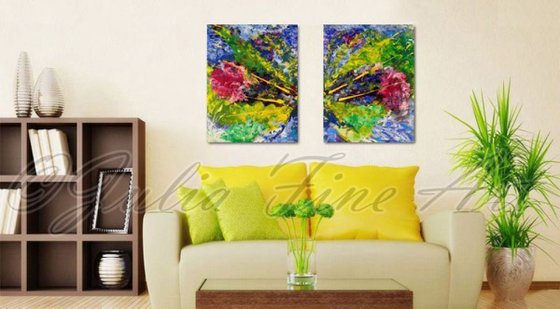 Original Art, Surreal Abstraction, Modern Painting, Hand-painted, Ready to Hang, Rich Texture, Floral Art, Multicolored, Zen, Impasto, Contemporary Abstract Diptych ''Soul Mates''